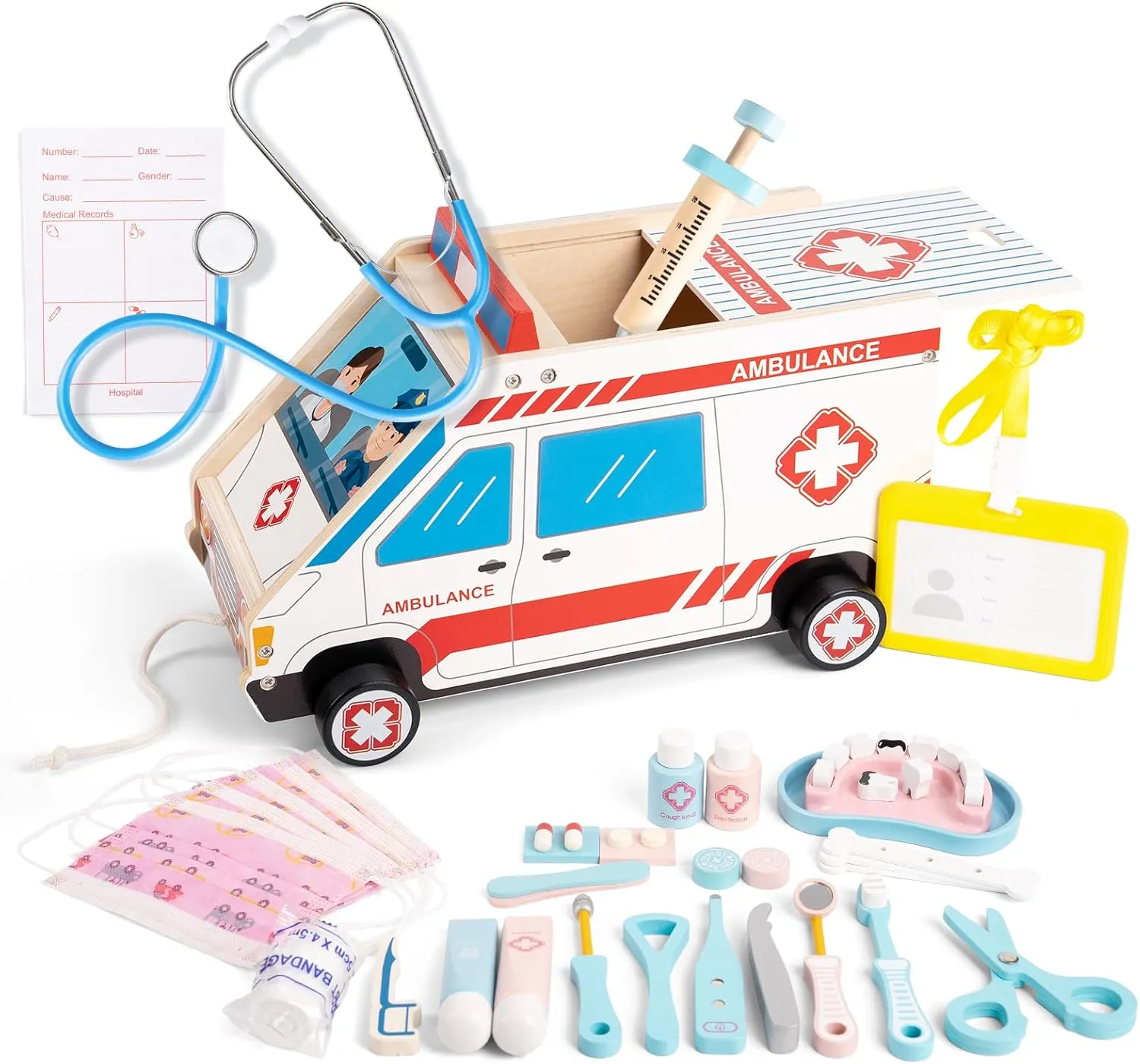 Storage Car, Real Stethoscope and Other Accessories, for Toddlers Boys garbage rawhide ideological and Girls Fun Role Playing Game Doctor Kit for Toddlers 3-5, 44 Pcs Wooden Kids Doctor Playset with 