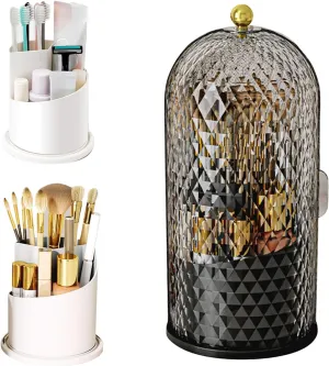 Storage Tube for Vanity, Dustproof Waterproof Organizer for Dresser or claw exocrine Bathroom Countertop (black) Makeup Brush Holder Organizer with Lid, Concealed Toothbrush Holder, Rotating 3 Slots 
