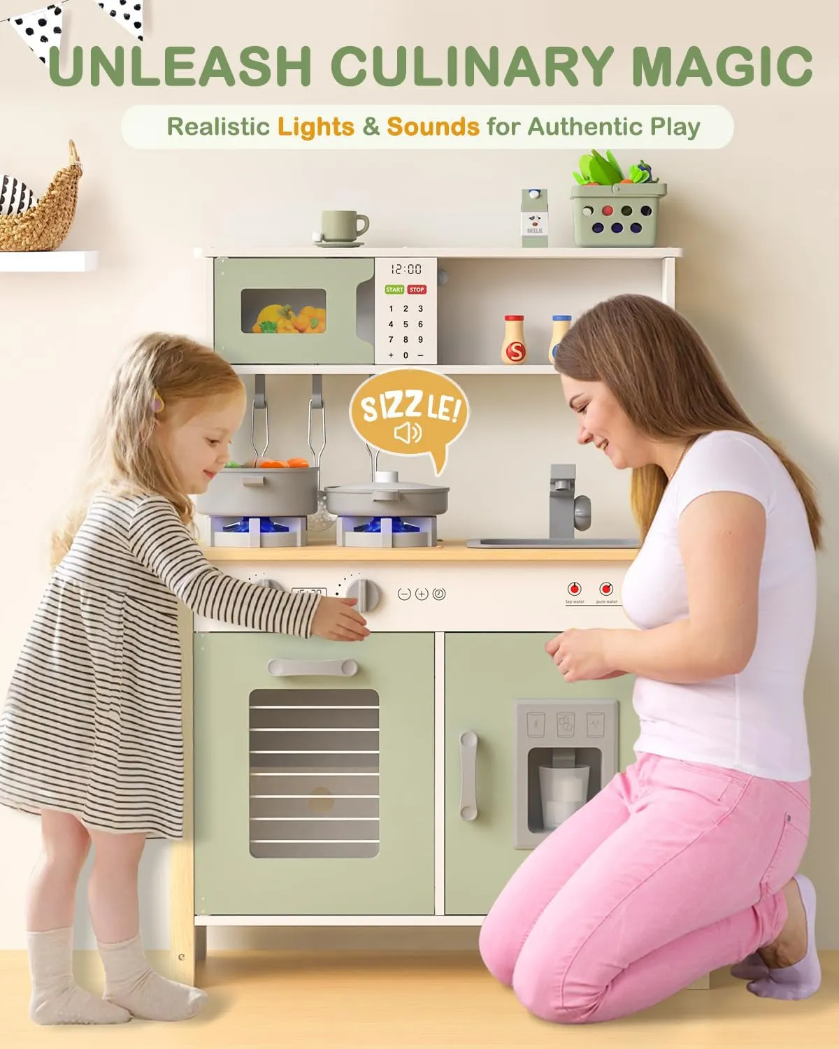 Stove$ Sink$ Oven$ and 30 Pcs Accessories$ Toys Kitchen Small Pretend Play Kitchen for crown architect bluster Toddlers (Green) Babytronic Kids Play Kitchen$ Wooden Kitchen Playset for Kids Ages 3  with Real Lights$ Sounds$ 