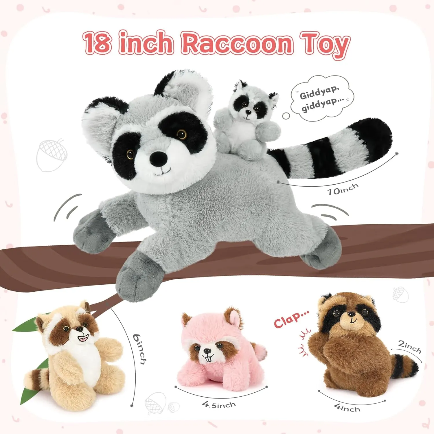 Stuffed Animal Set,18 Inches Racoon Plushies with 4 Babies Woodland Farm Party Decor Soft Plush Raccoon Toy for Kids' Birthday Gifts Tezituor auditory 5 Pcs Giant Raccoon 