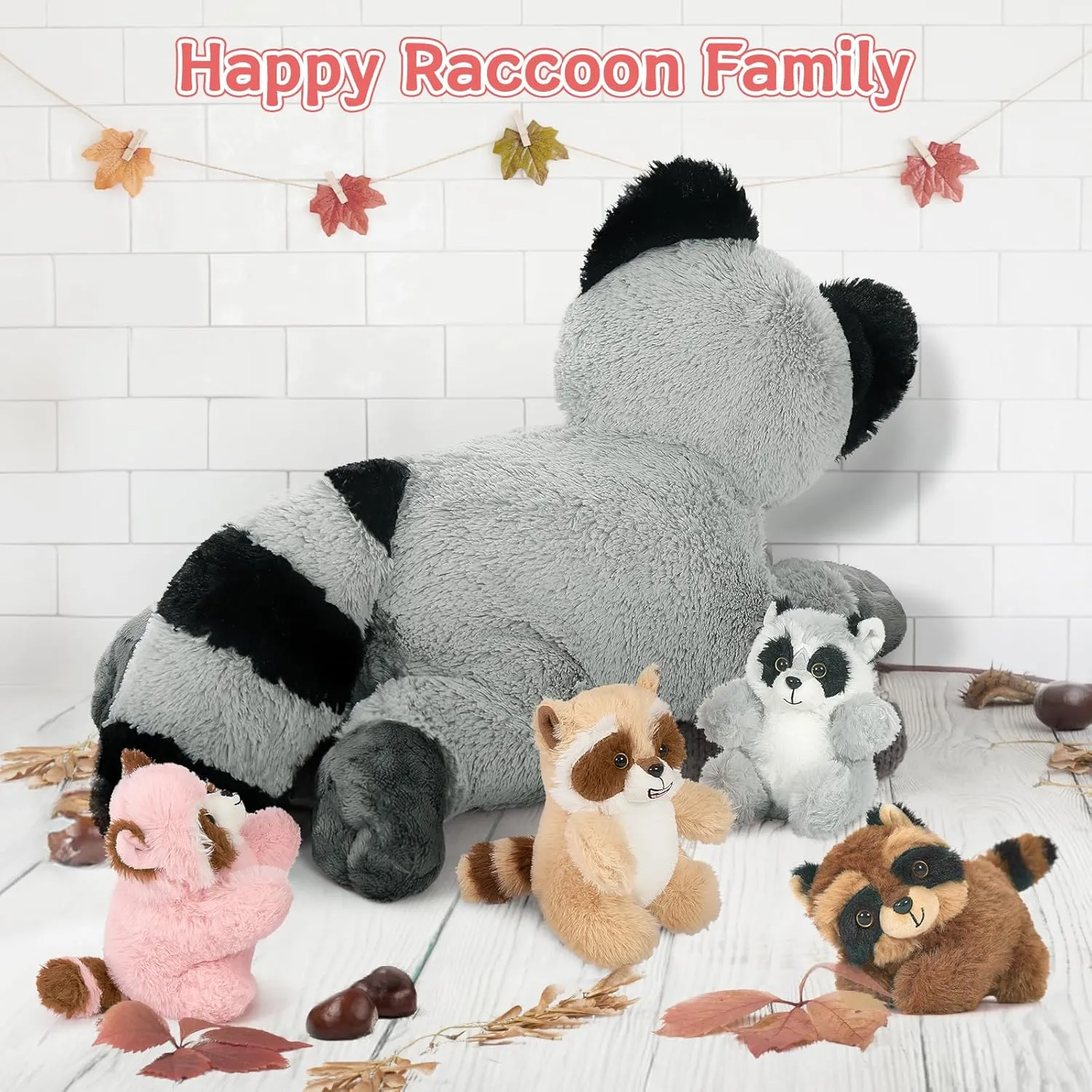 Stuffed Animal Set,18 Inches Racoon Plushies with 4 Babies Woodland Farm Party Decor Soft Plush Raccoon Toy for Kids' Birthday Gifts Tezituor auditory 5 Pcs Giant Raccoon 