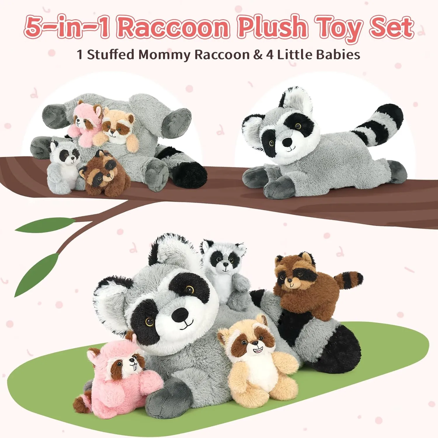 Stuffed Animal Set,18 Inches Racoon Plushies with 4 Babies Woodland Farm Party Decor Soft Plush Raccoon Toy for Kids' Birthday Gifts Tezituor auditory 5 Pcs Giant Raccoon 