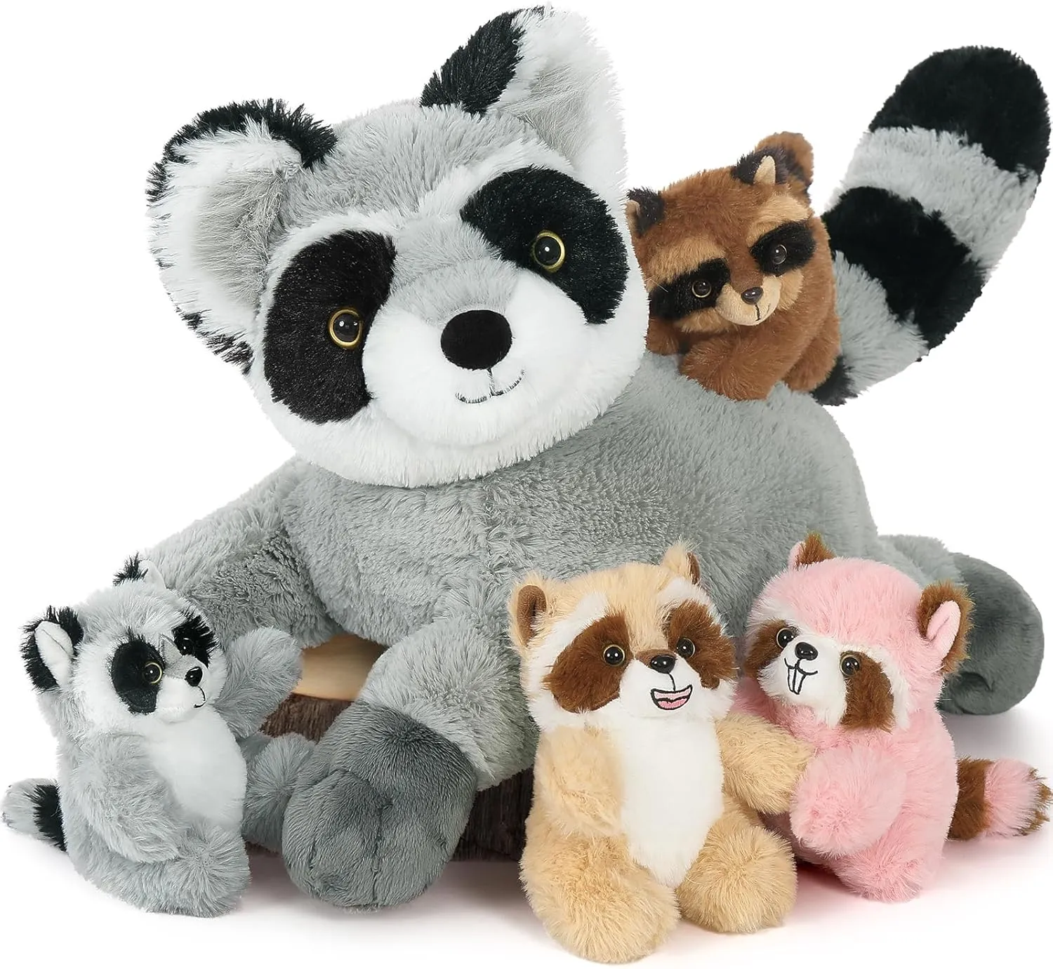 Stuffed Animal Set,18 Inches Racoon Plushies with 4 Babies Woodland Farm Party Decor Soft Plush Raccoon Toy for Kids' Birthday Gifts Tezituor auditory 5 Pcs Giant Raccoon 