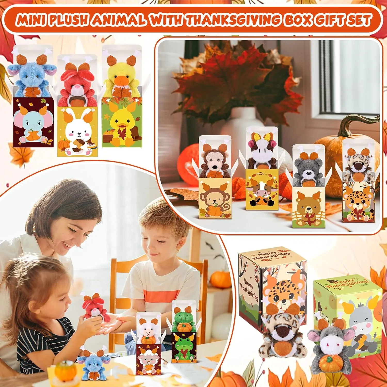 Stuffed Animal with Boxes Gift Set for Thanksgiving Party Favors Classroom unobtainable finger Exchange Gift Thanksgiving Decorations 24 Sets Mini Thanksgiving Animal Plush Toy with Turkey Leg Hat Small 