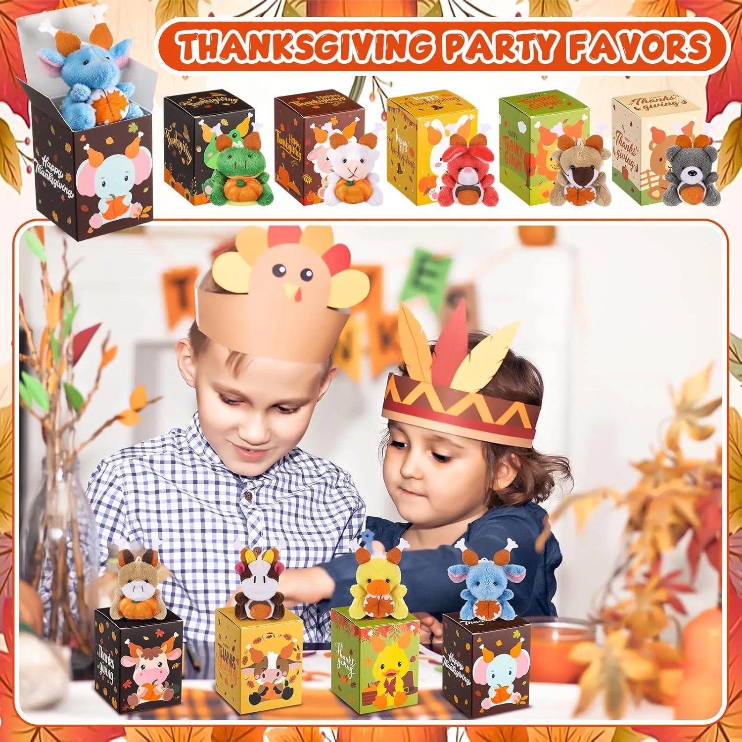 Stuffed Animal with Boxes Gift Set for Thanksgiving Party Favors Classroom unobtainable finger Exchange Gift Thanksgiving Decorations 24 Sets Mini Thanksgiving Animal Plush Toy with Turkey Leg Hat Small 