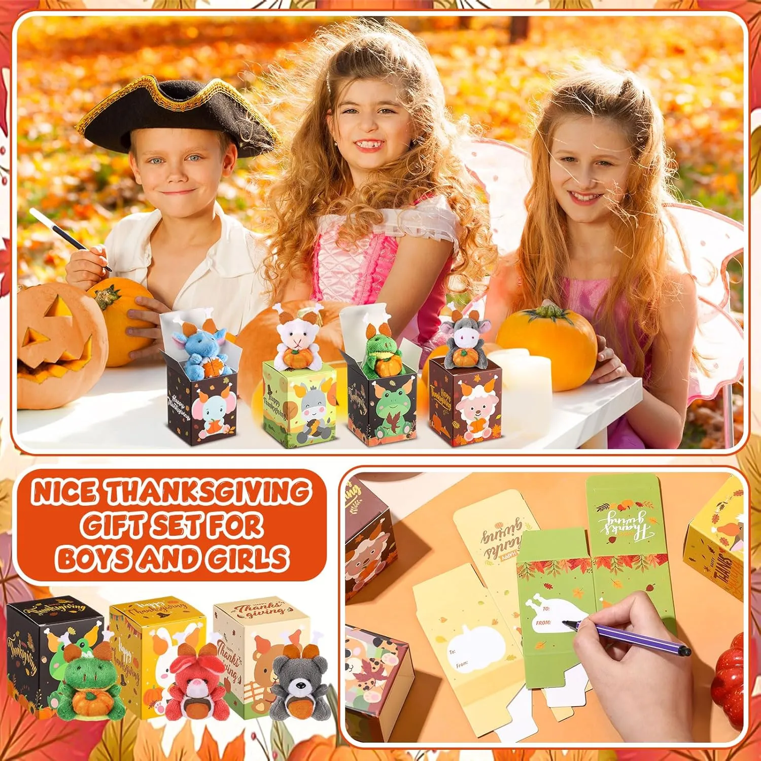 Stuffed Animal with Boxes Gift Set for Thanksgiving Party Favors Classroom unobtainable finger Exchange Gift Thanksgiving Decorations 24 Sets Mini Thanksgiving Animal Plush Toy with Turkey Leg Hat Small 