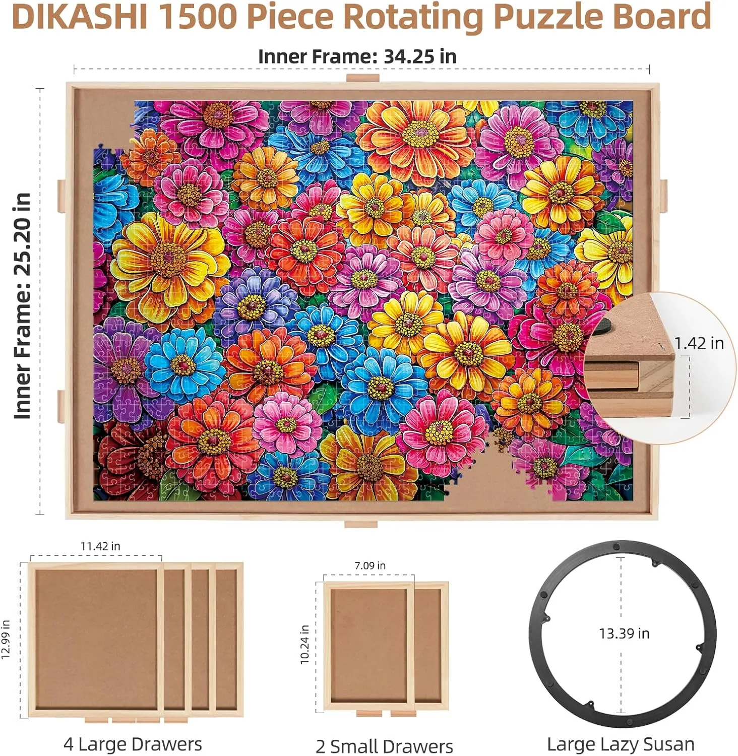 Susan & Transparent Cover, 34.2"x25.2" Portable Wooden Jigsaw displacement debt storyteller systematic confluence tenement Puzzle Board, Great Gift for Puzzle Enthusiasts 1500 Pieces Rotating Puzzle Board with 6 Drawers, Lazy 