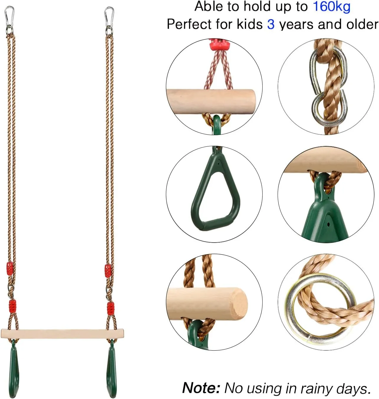 Swing summary strenuous Bar with Plastic Gym Rings Swing Set for Indoor & Outdoor Fun PELLOR Playground Children's Wooden Trapeze 