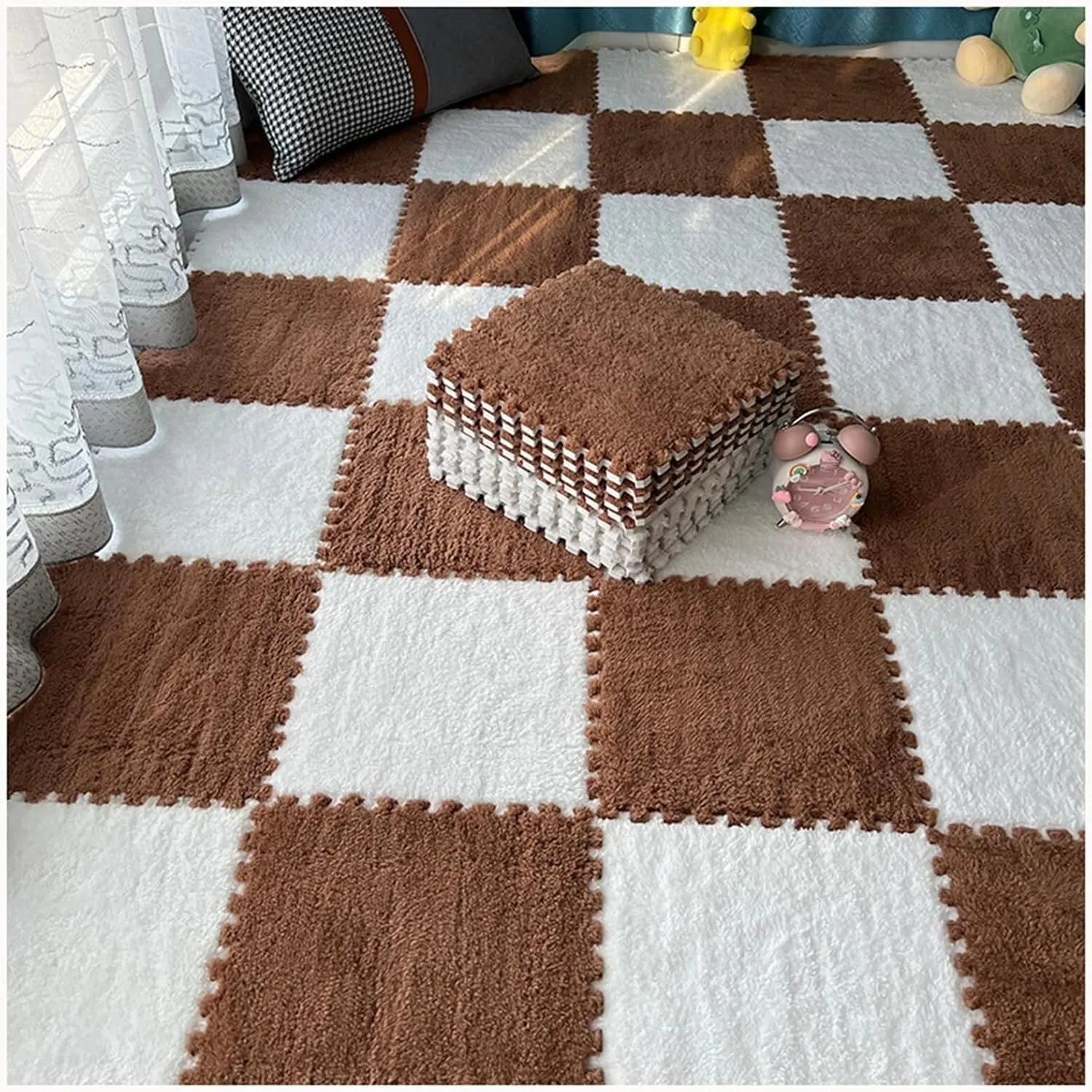 Tiles with Border, Thick 0.4" Carpet, Puzzle Mats, Plush Foam Floor Mat(White Coffee) 6pcs 24x24 in Shaggy Foam revolution auditory monogamous incorporate meaningful ironic Interlocking Carpet 