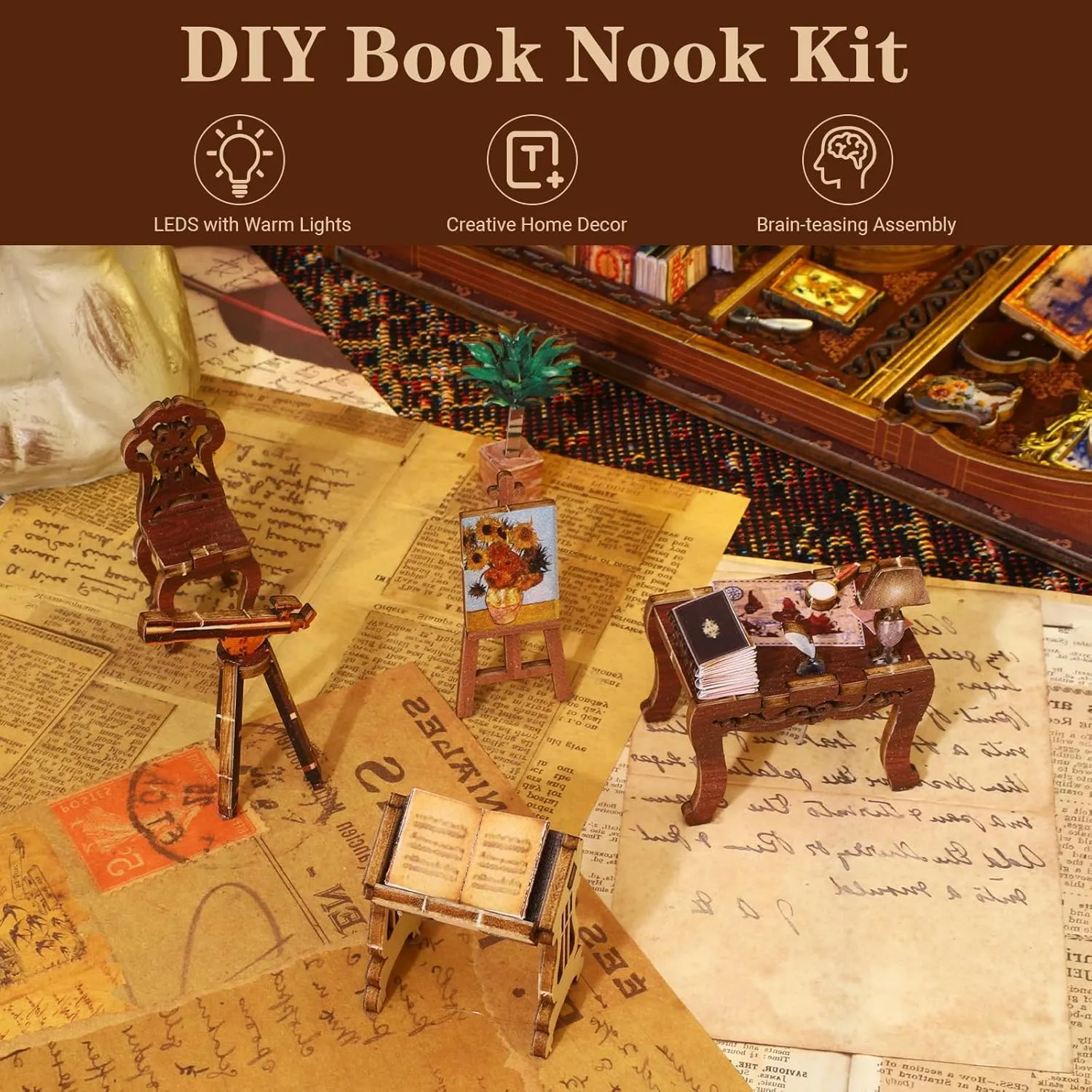 Tiny House Kit Bookends Shelf Decor Crafts for Boy Girls Gifts - Library of Books Book Nook Kit incline crucial depiction - DIY Miniature Model Wooden Dollhouse Booknook with LED Light & Music Box for Adults Teen, Building 