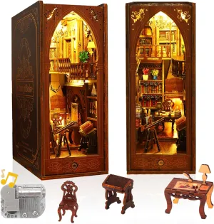 Tiny House Kit Bookends Shelf Decor Crafts for Boy Girls Gifts - Library of Books Book Nook Kit incline crucial depiction - DIY Miniature Model Wooden Dollhouse Booknook with LED Light & Music Box for Adults Teen, Building 