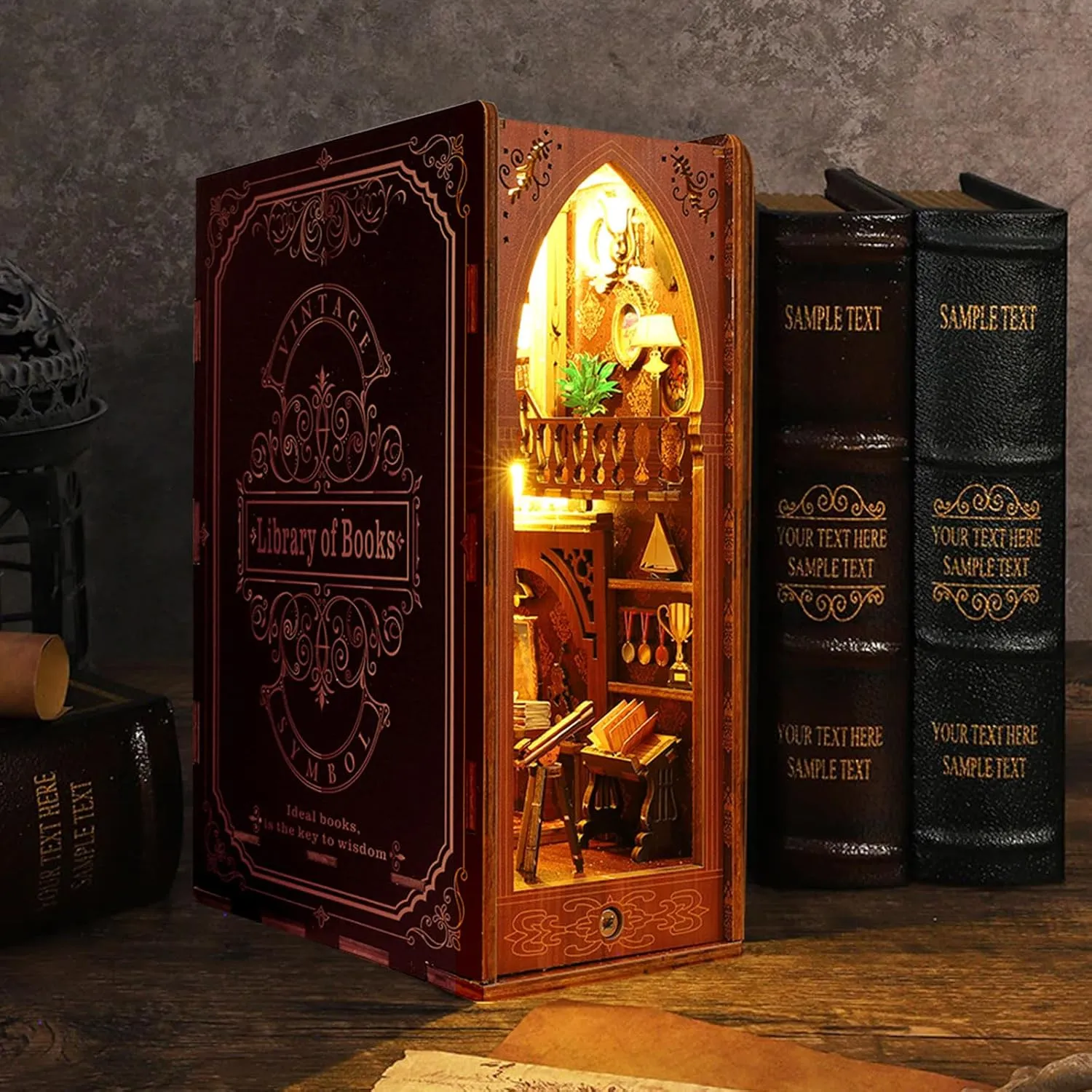Tiny House Kit Bookends Shelf Decor Crafts for Boy Girls Gifts - Library of Books Book Nook Kit incline crucial depiction - DIY Miniature Model Wooden Dollhouse Booknook with LED Light & Music Box for Adults Teen, Building 