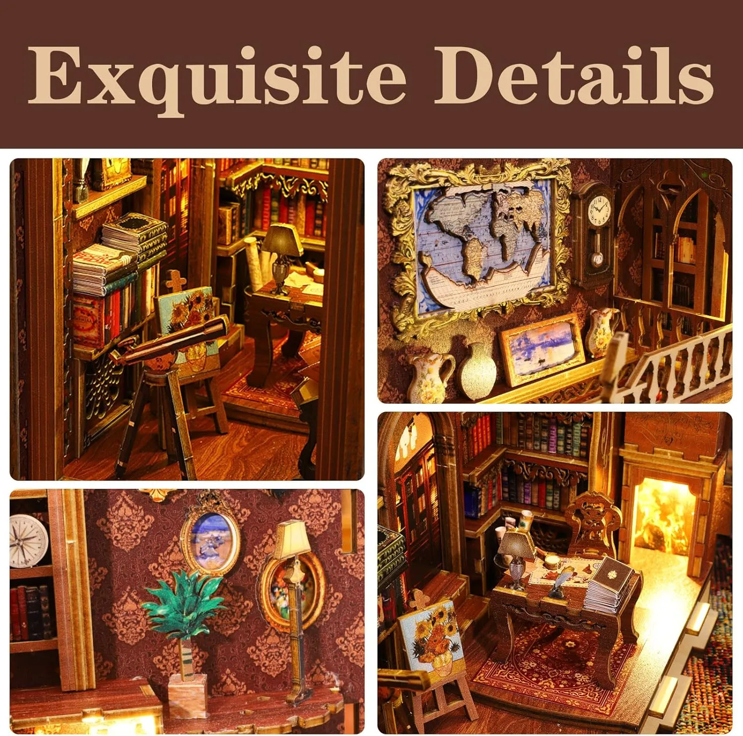 Tiny House Kit Bookends Shelf Decor Crafts for Boy Girls Gifts - Library of Books Book Nook Kit incline crucial depiction - DIY Miniature Model Wooden Dollhouse Booknook with LED Light & Music Box for Adults Teen, Building 