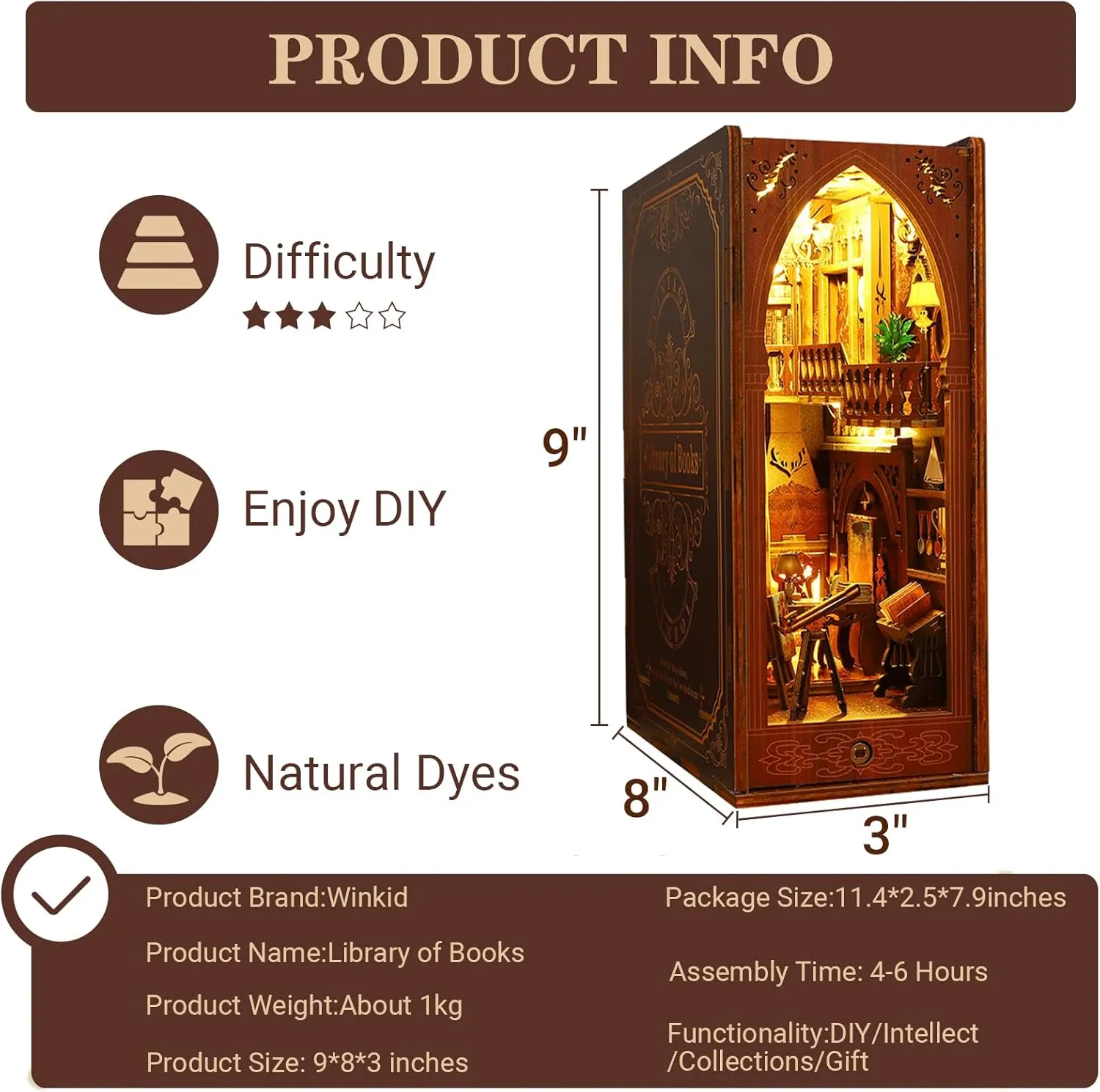 Tiny House Kit Bookends Shelf Decor Crafts for Boy Girls Gifts - Library of Books Book Nook Kit incline crucial depiction - DIY Miniature Model Wooden Dollhouse Booknook with LED Light & Music Box for Adults Teen, Building 