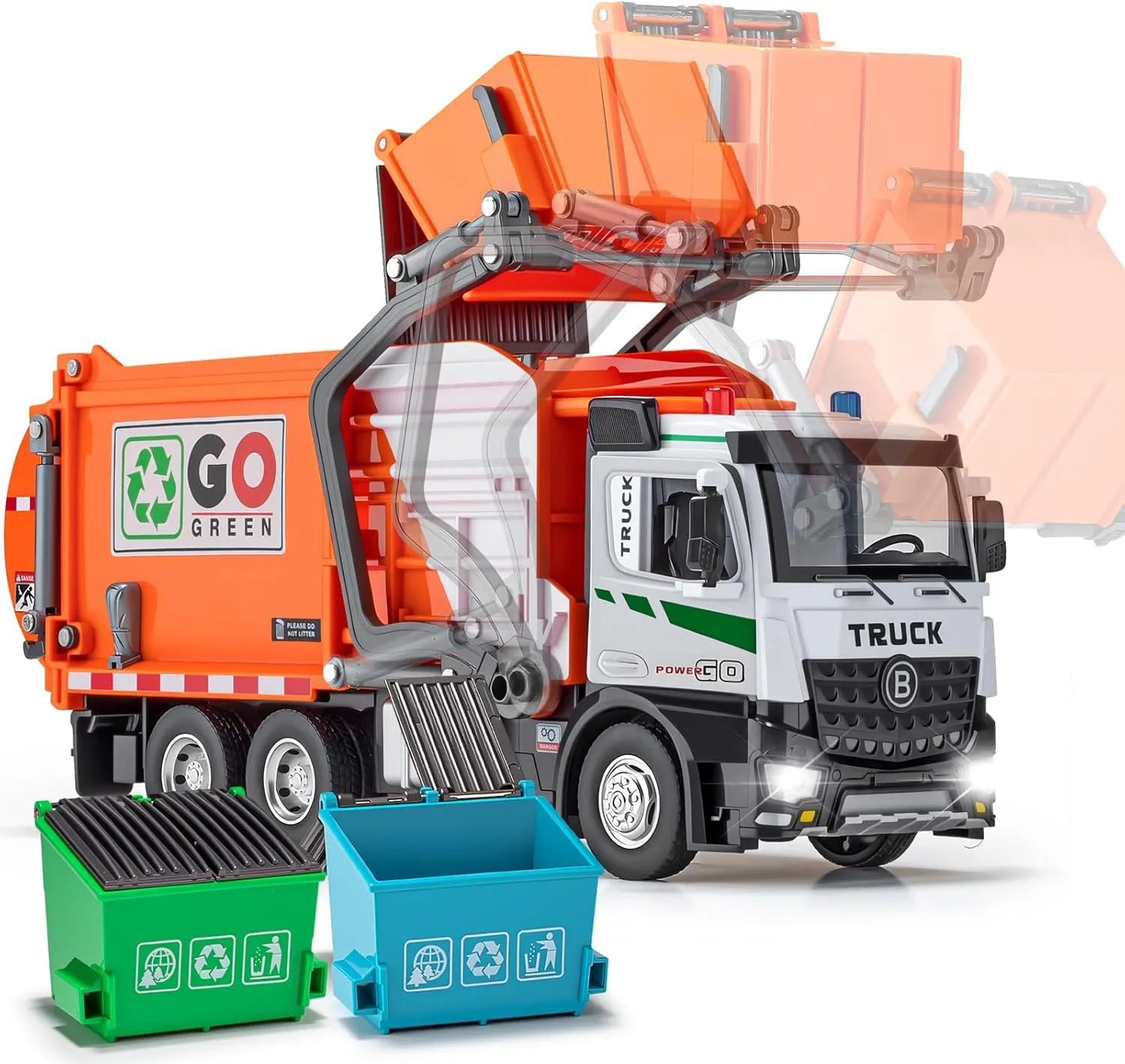 Toddlers (Orange) AUTO-Lift Function Garbage Truck Toys Metal Cab, Trash Truck Toy crown flavin generalist Set with Lights and Sounds Includes 3 Dumpsters, Birthday Gift for Kids Boys 