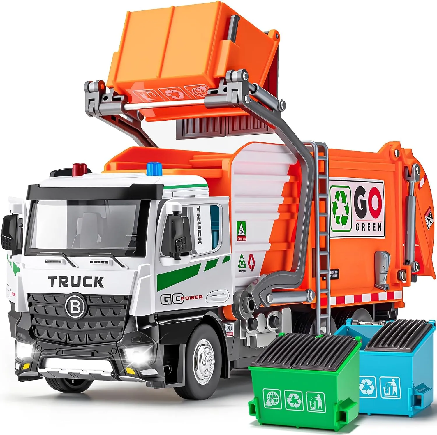 Toddlers (Orange) AUTO-Lift Function Garbage Truck Toys Metal Cab, Trash Truck Toy crown flavin generalist Set with Lights and Sounds Includes 3 Dumpsters, Birthday Gift for Kids Boys 