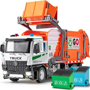 Toddlers (Orange) AUTO-Lift Function Garbage Truck Toys Metal Cab, Trash Truck Toy crown flavin generalist Set with Lights and Sounds Includes 3 Dumpsters, Birthday Gift for Kids Boys 