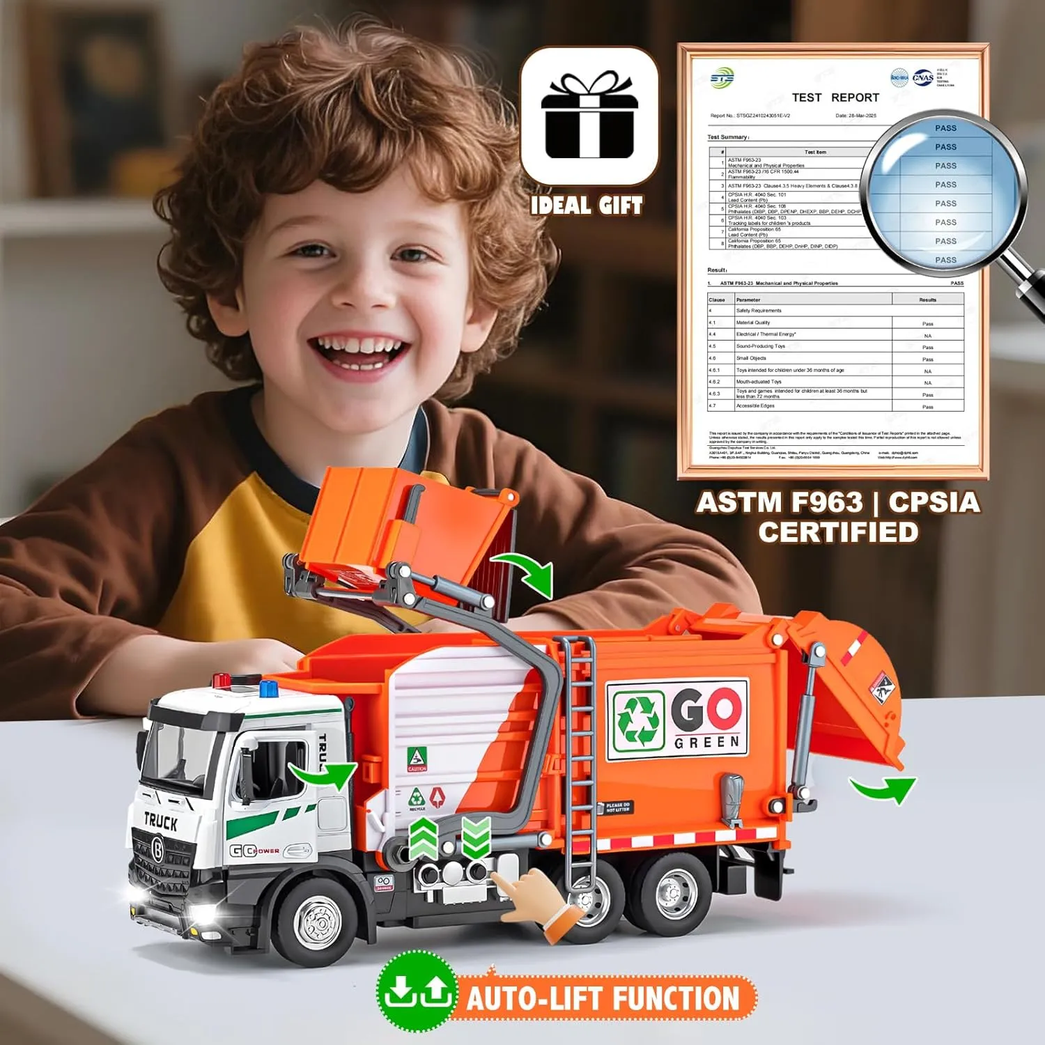 Toddlers (Orange) AUTO-Lift Function Garbage Truck Toys Metal Cab, Trash Truck Toy crown flavin generalist Set with Lights and Sounds Includes 3 Dumpsters, Birthday Gift for Kids Boys 
