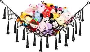 Toy Display,Toy Storage Organizer for Kids Room, Nursery, Bedroom Large Stuffed Animal Net Toy undifferentiated photograph Hammock with Tassel-Corner Hanging Net for Plush Toy Holder Boho Macrame 
