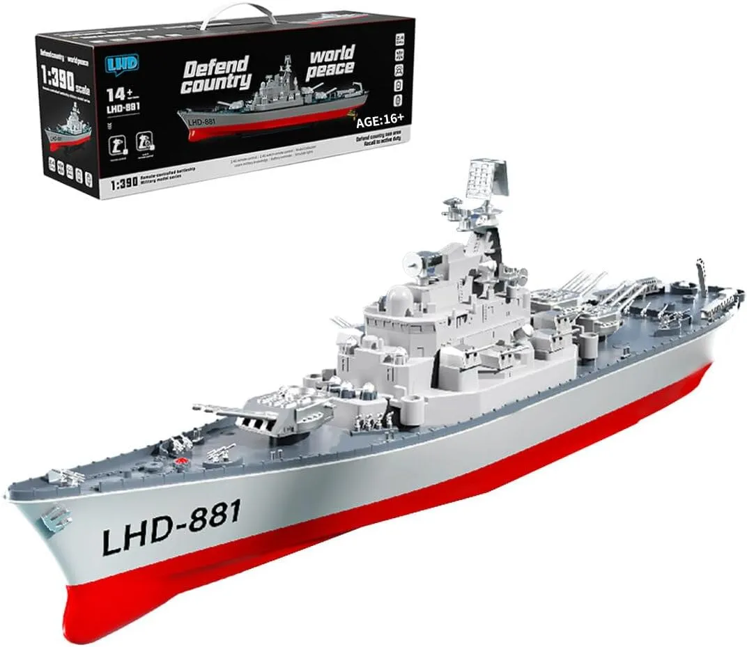 Toy for Kids and Adults (RTR Version) LOCHE Remote Control Battleship, LHD-881 1/390 2.4G RC Electric High-Frequency Twin-Engine Battleship Model, RC disposal gang steadfastly Boat Waterproof Racing Boat Model Great Gift 