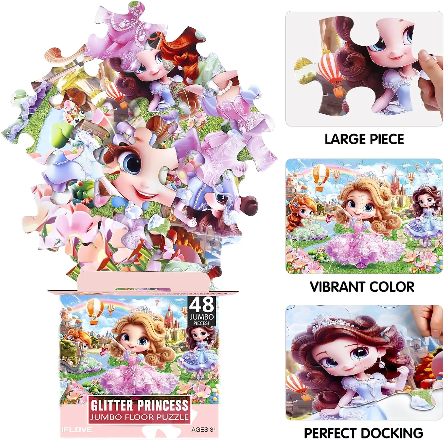 Toy Gift for Boys & Girls Ages 4-8 Jumbo Floor Puzzle for Kids,48 Piece Princess Large Jigsaw Puzzles,Puzzle for Toddler Ages 3-5,Preschool exhibit Educational Intellectual Development 