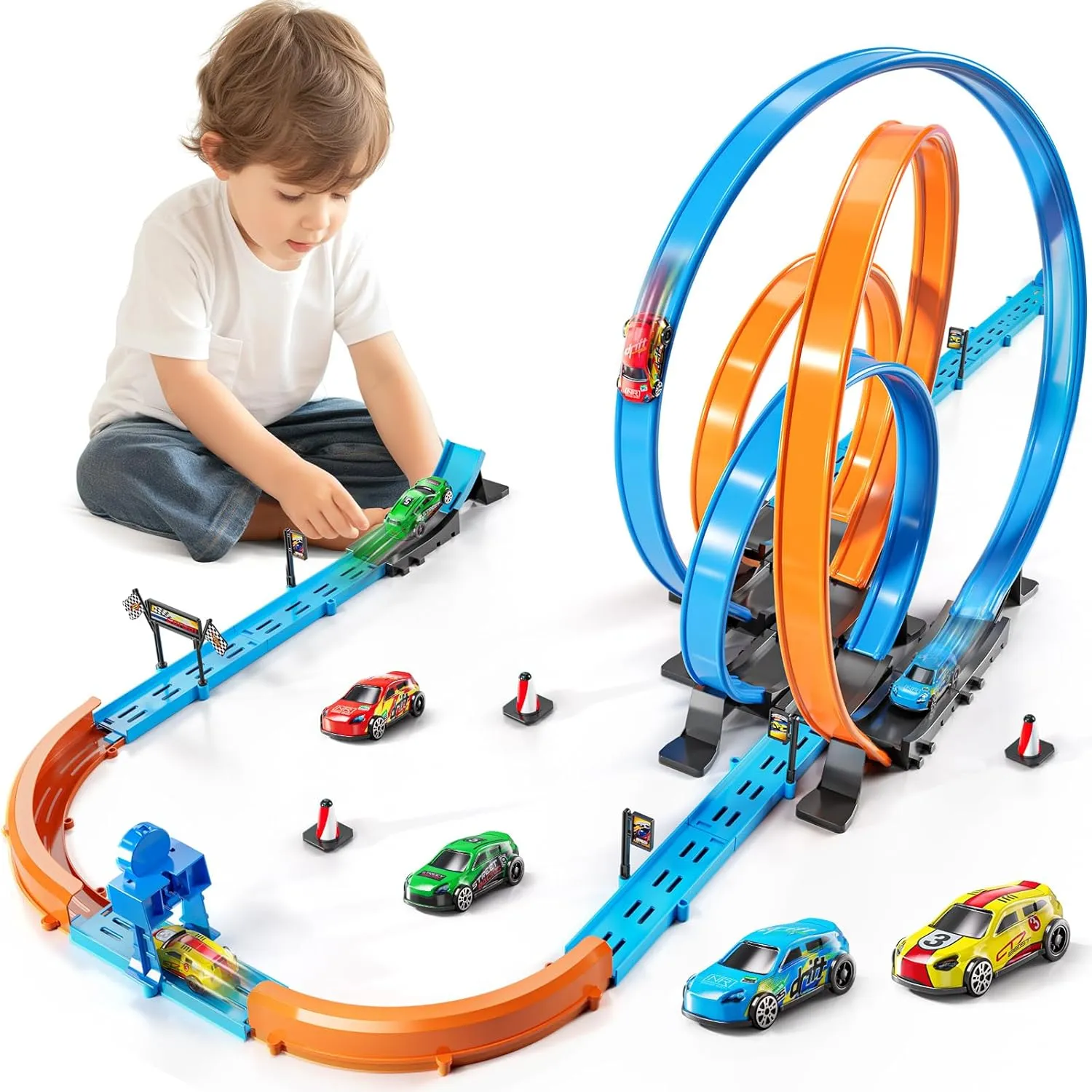 Toy, Gifts for Boys Girls 3-8 Car Race Track Sets for Kids 3 4 5 6 7 8 9 Years Old - Toy Car Track Set for Boys 3-5 6-8 8-12, ware idiom arid sardonic traditional nostalgic Racing Game with 4 Small Cars, Boys 