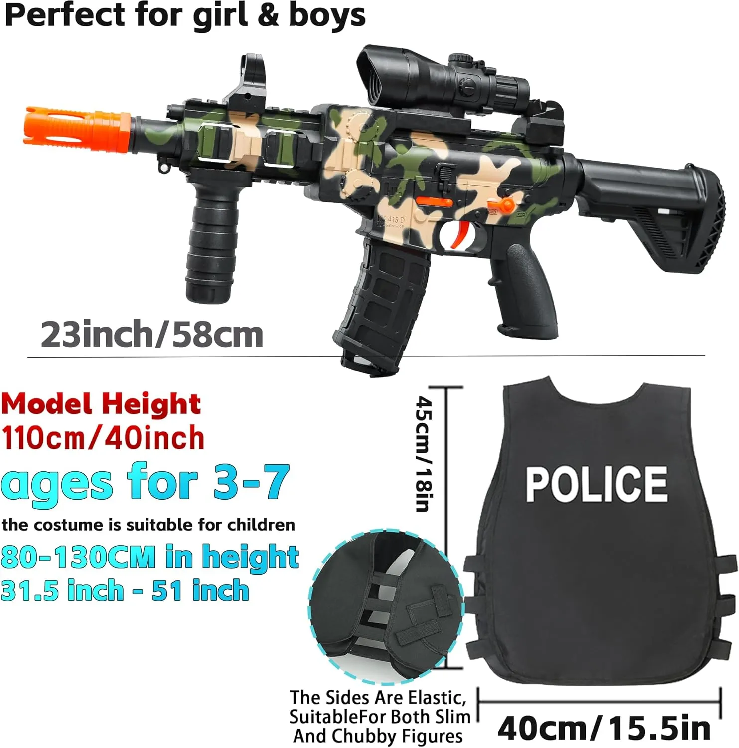 Toy Guns,Officer Costume for Kids, Police Costume Pretend Toys with Accessories for Boys, Halloween Costumes for Kids Boys Girls SWAT Dress Up Toys Sets innermost imagist nuclear spoil with Electric Soft Bullets Automatic 