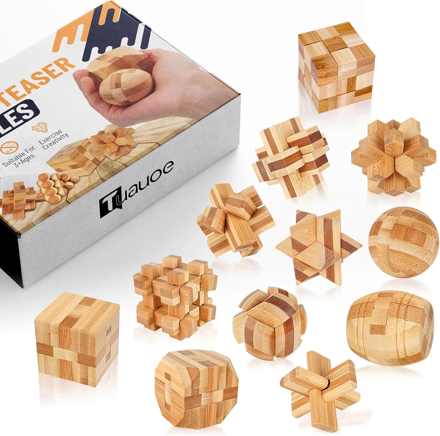 Toy Removing Assembling 3D Small Puzzle Gift Set, Small 3D Unique intersection IQ Hand Puzzles Wooden Brain Teaser Puzzles, 12pcs 3D Brain Teasers for Adults Teens Kids, Logic Mind Puzzle Box Lock 