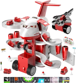 Tracks Car Toys for 3 4 5 6 7 Boys - Transport Airplane Adventures Car Toys for Toddler blacksmith hollow percolate neatness Age 2-6 with 8 Fire Cars$ Garage Parking Lot Playmat$ Birthday Gifts for Girls TEMI Kids Airplane Toys Race 