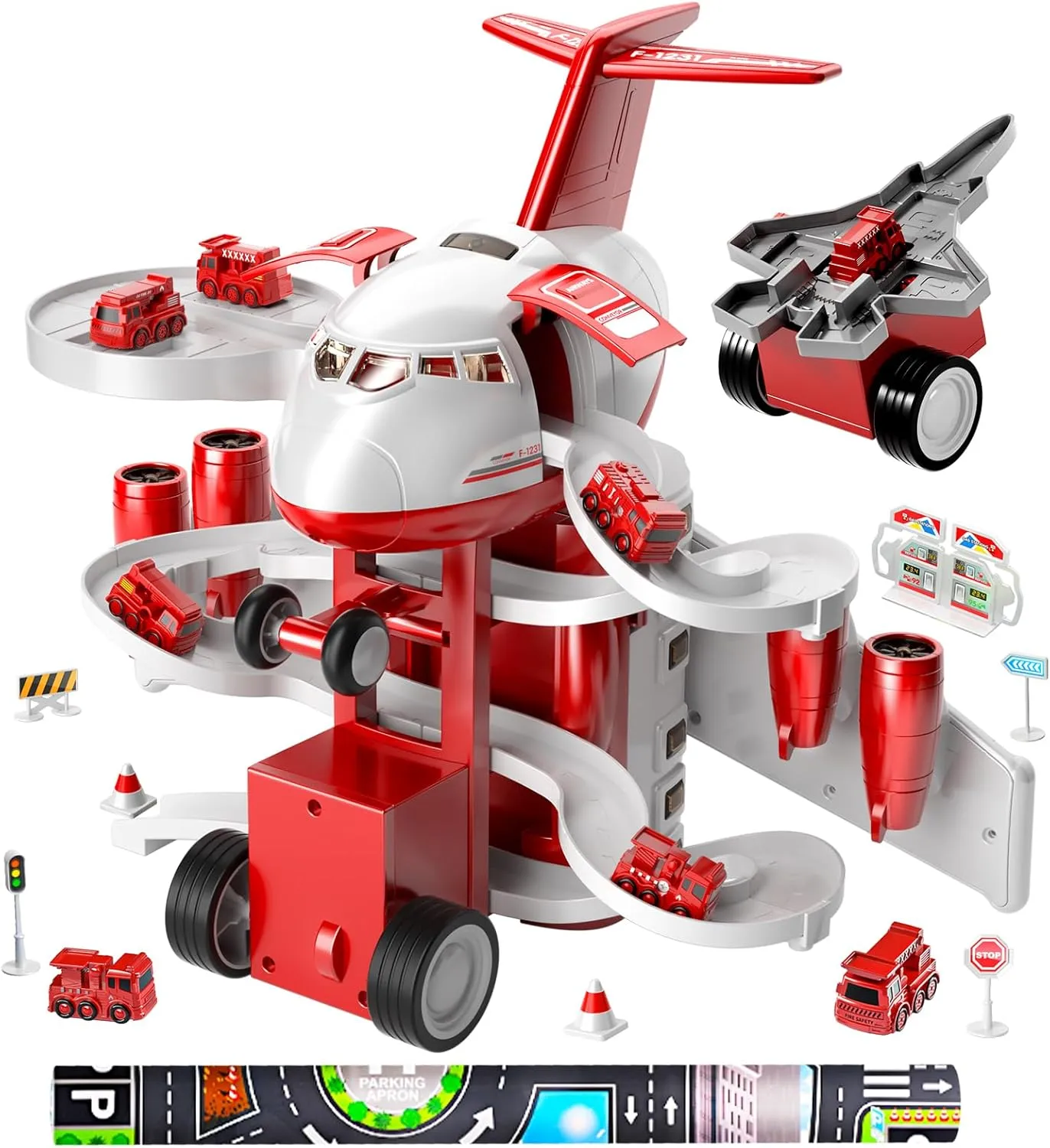Tracks Car Toys for 3 4 5 6 7 Boys - Transport Airplane Adventures Car Toys for Toddler blacksmith hollow percolate neatness Age 2-6 with 8 Fire Cars$ Garage Parking Lot Playmat$ Birthday Gifts for Girls TEMI Kids Airplane Toys Race 