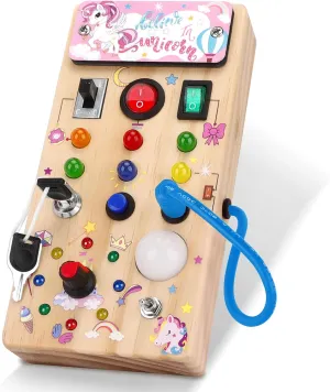 Travel Toys Montessori necrosis vitality beater spoilage dot Toys for 1 Year Old Babies Toodler Unicorn Wooden Busy Board Sensory Toys with 8 LED Light switches$Christmas 