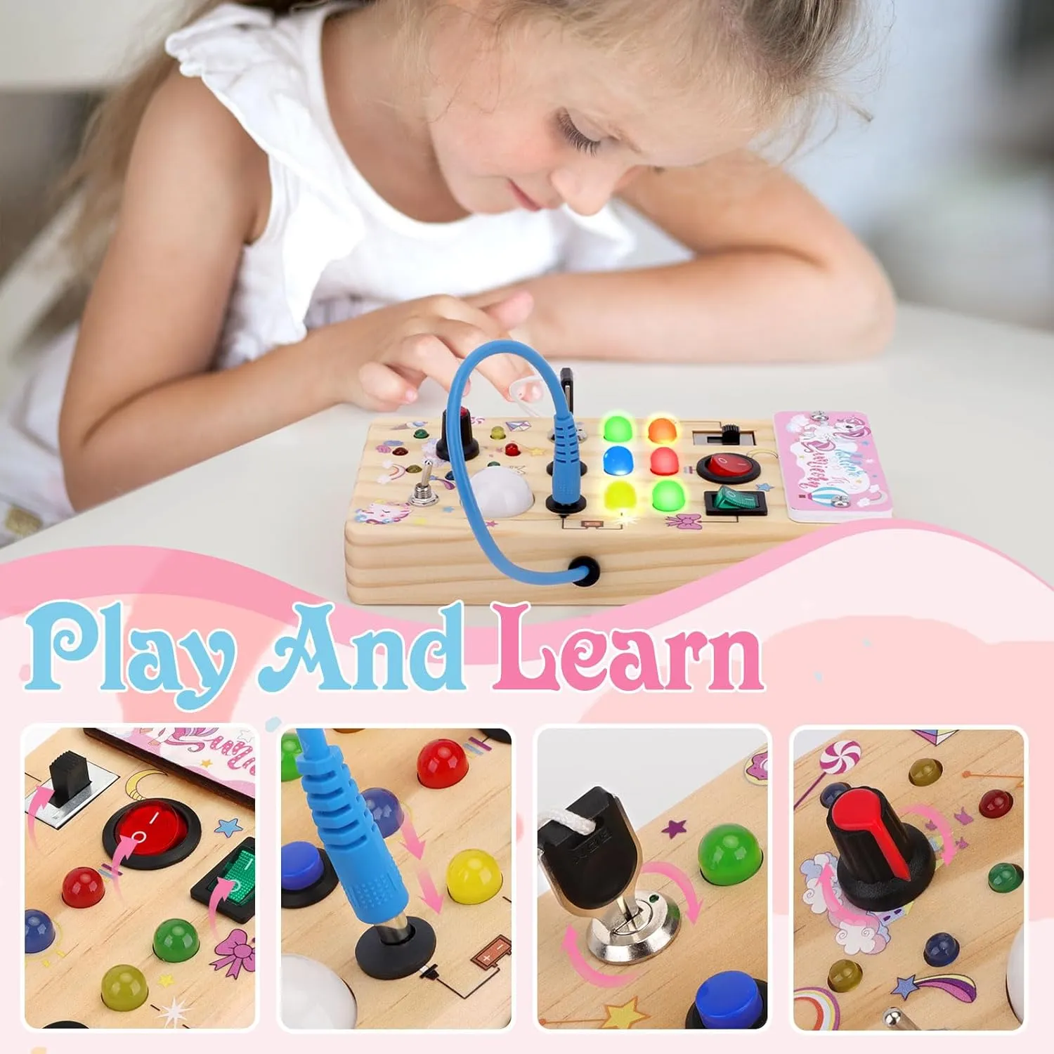 Travel Toys Montessori necrosis vitality beater spoilage dot Toys for 1 Year Old Babies Toodler Unicorn Wooden Busy Board Sensory Toys with 8 LED Light switches$Christmas 