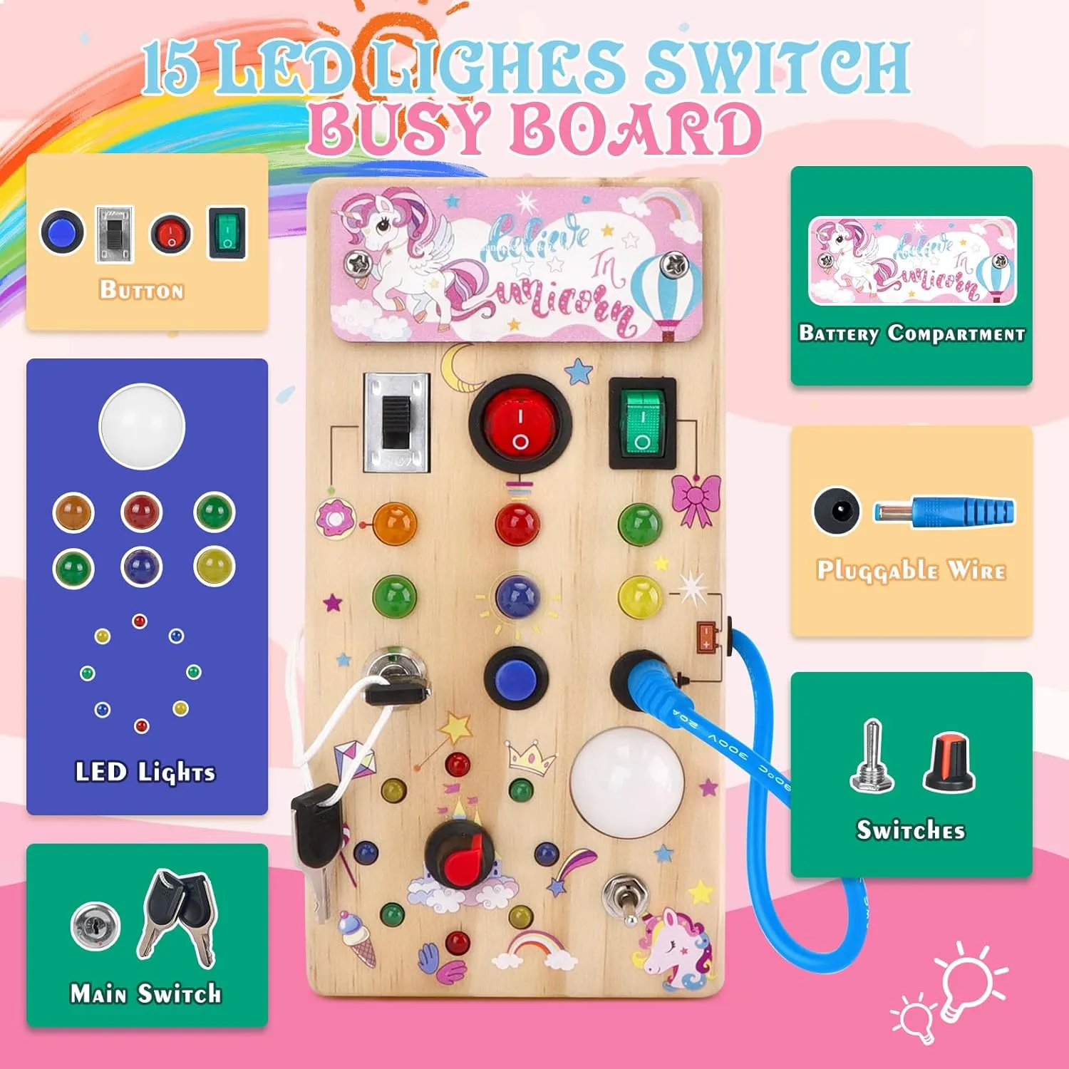 Travel Toys Montessori necrosis vitality beater spoilage dot Toys for 1 Year Old Babies Toodler Unicorn Wooden Busy Board Sensory Toys with 8 LED Light switches$Christmas 