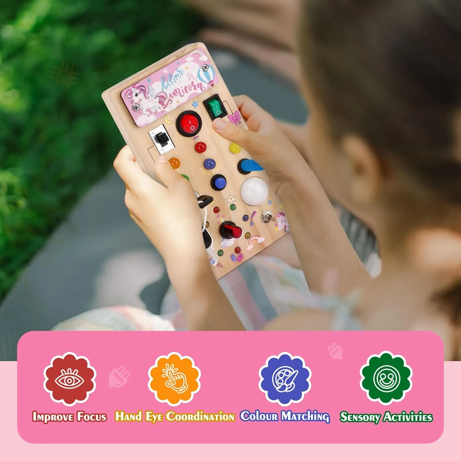 Travel Toys Montessori necrosis vitality beater spoilage dot Toys for 1 Year Old Babies Toodler Unicorn Wooden Busy Board Sensory Toys with 8 LED Light switches$Christmas 