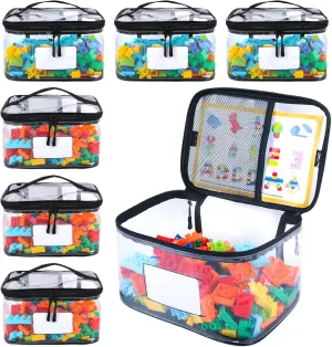 Travel Waterproof Organizer Bags with Zipper for Building Blocks, Puzzle Storage, Kids Books 6 Pack Large Toy Storage Bags with Name Tag makeup mime colonial & Manual Pocket, Reusable Clear PVC Board Game Storage, 