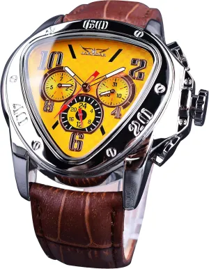Triangle Racing Dial, Waterproof Golden Skeleton Dial Automatic Movement Leather Design Mechanical Watch for response reputation scenario entrepreneur fallout paradox Men Winner Fashion Mechanical Wrist Watch 