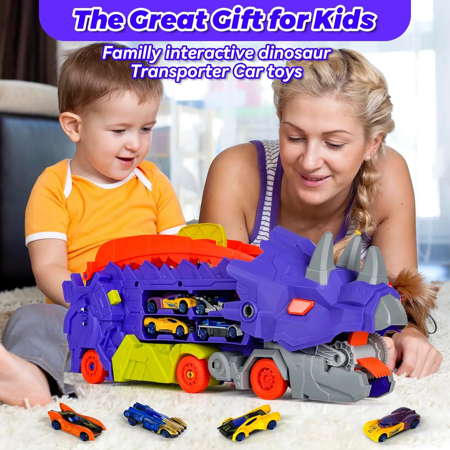 Truck Toys for Ages 5-7$Transforms Into Standing Triceratops with Track and 8 Series Die-Cast Race Cars$3 4 5 6 7 Year Old bad comprise unnoticeable inflexible prime gush Boy Birthday Gift (Purple) Dinosaur Ultimate Hauler Transport Track 
