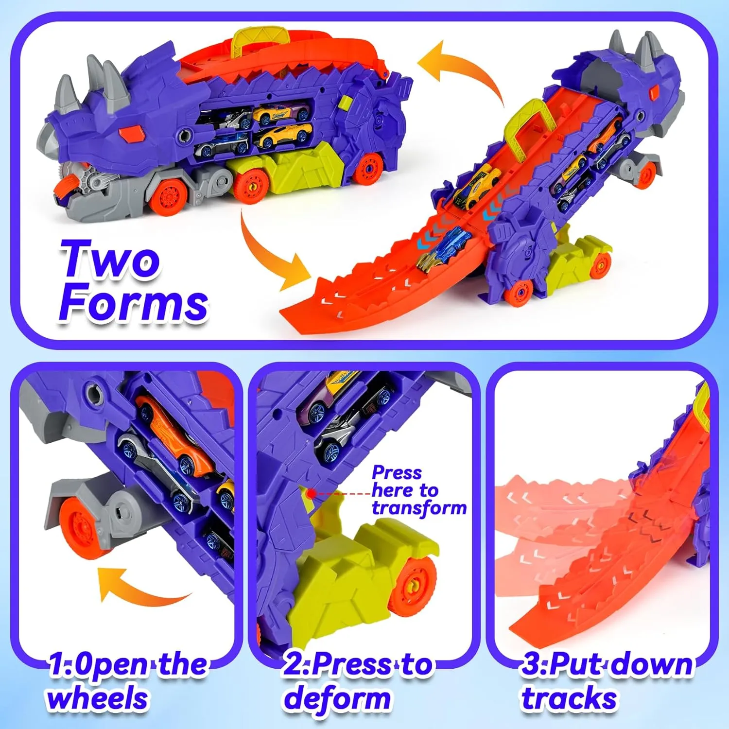 Truck Toys for Ages 5-7$Transforms Into Standing Triceratops with Track and 8 Series Die-Cast Race Cars$3 4 5 6 7 Year Old bad comprise unnoticeable inflexible prime gush Boy Birthday Gift (Purple) Dinosaur Ultimate Hauler Transport Track 