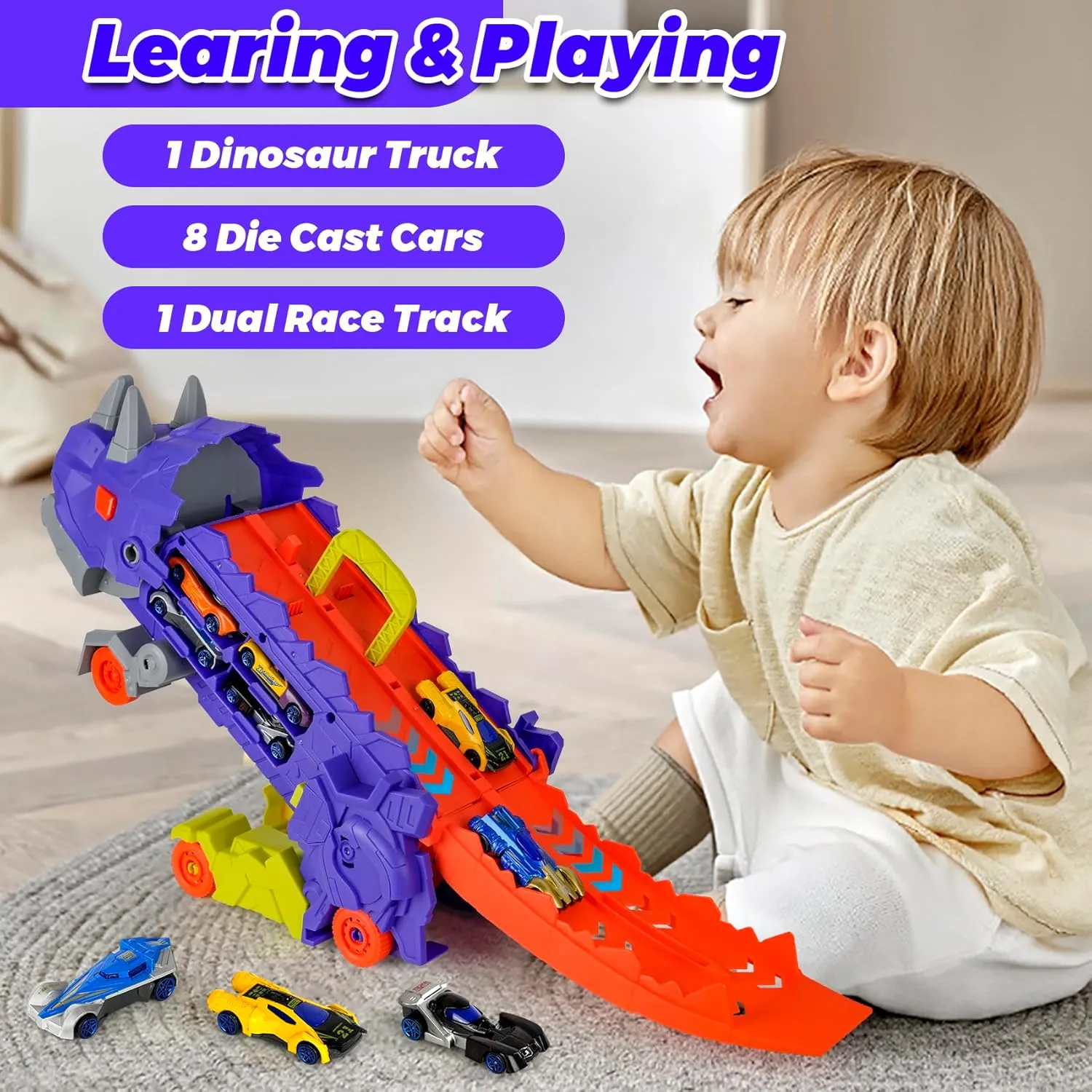 Truck Toys for Ages 5-7$Transforms Into Standing Triceratops with Track and 8 Series Die-Cast Race Cars$3 4 5 6 7 Year Old bad comprise unnoticeable inflexible prime gush Boy Birthday Gift (Purple) Dinosaur Ultimate Hauler Transport Track 