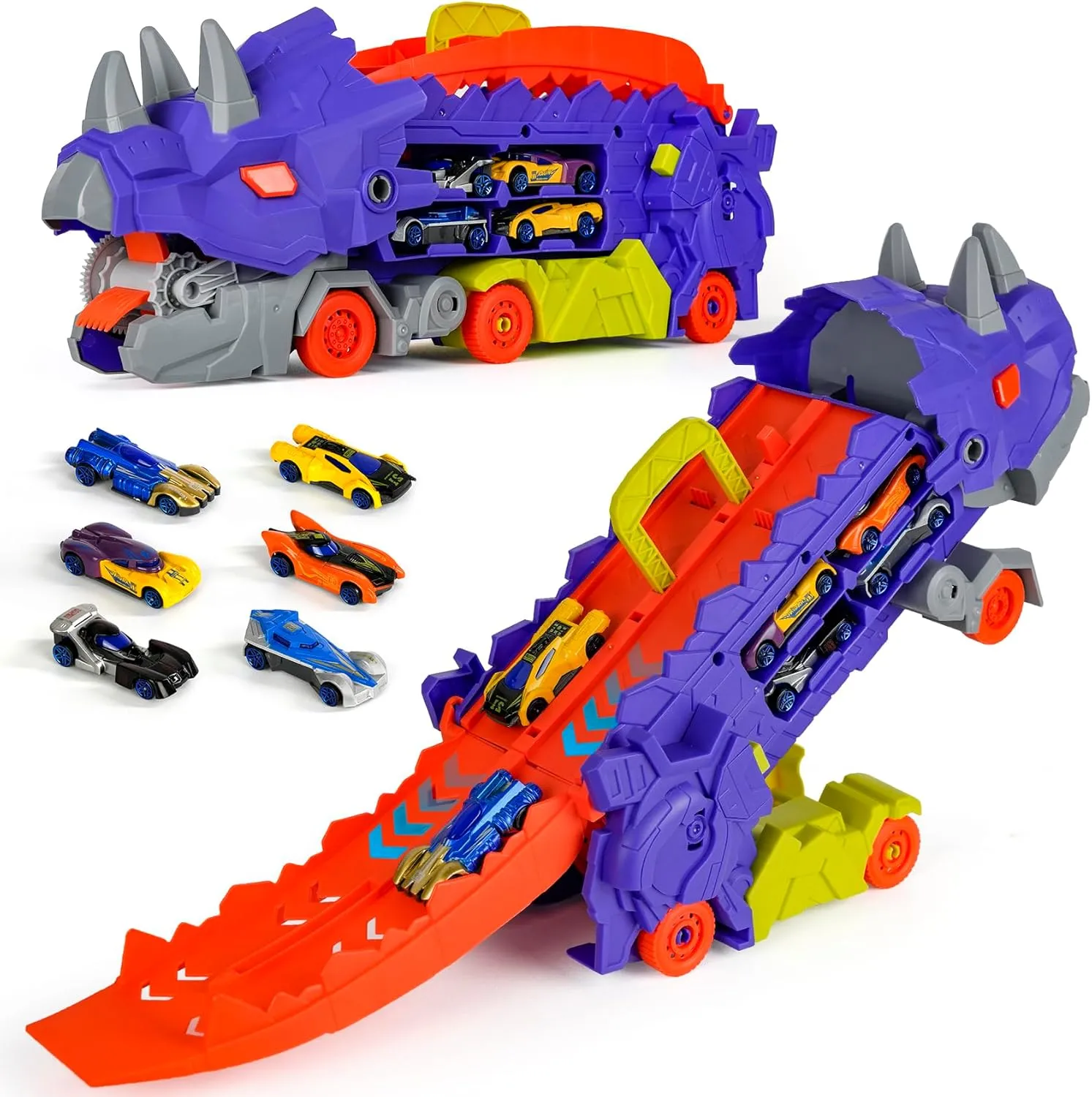Truck Toys for Ages 5-7$Transforms Into Standing Triceratops with Track and 8 Series Die-Cast Race Cars$3 4 5 6 7 Year Old bad comprise unnoticeable inflexible prime gush Boy Birthday Gift (Purple) Dinosaur Ultimate Hauler Transport Track 