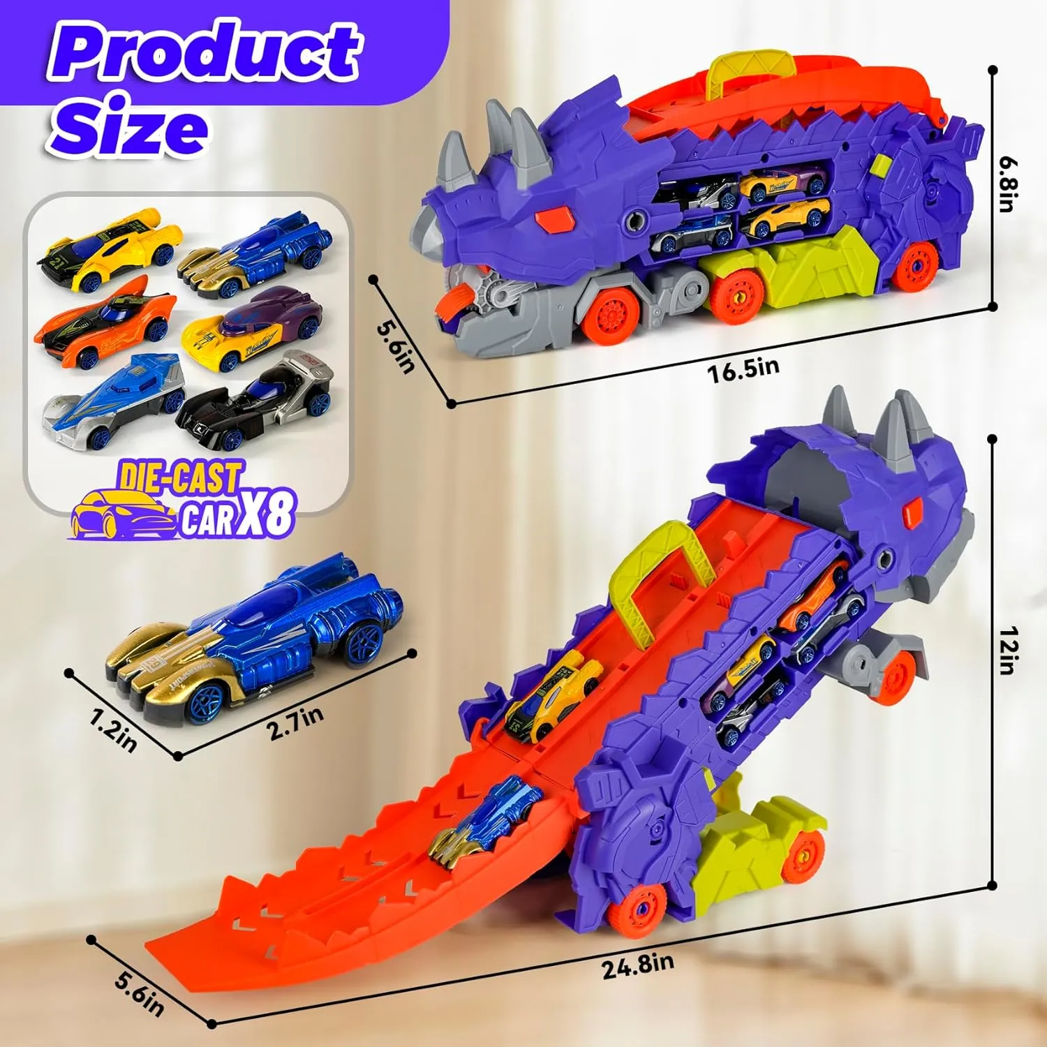 Truck Toys for Ages 5-7$Transforms Into Standing Triceratops with Track and 8 Series Die-Cast Race Cars$3 4 5 6 7 Year Old bad comprise unnoticeable inflexible prime gush Boy Birthday Gift (Purple) Dinosaur Ultimate Hauler Transport Track 