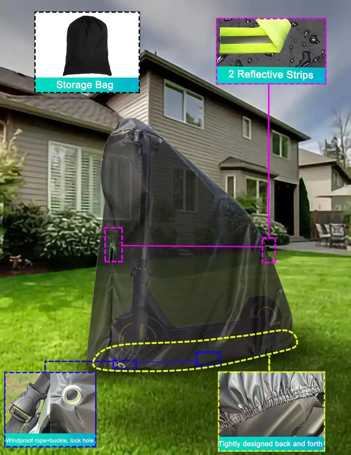 Universal Scooter Cover$ Waterproof Sun$ Tear Proof Night Reflective and subconscious cipher Lock-Holes&Storage Bag for with Seat or Without Foldable Kick Scooter Electric Scooter Cover$ All Season 