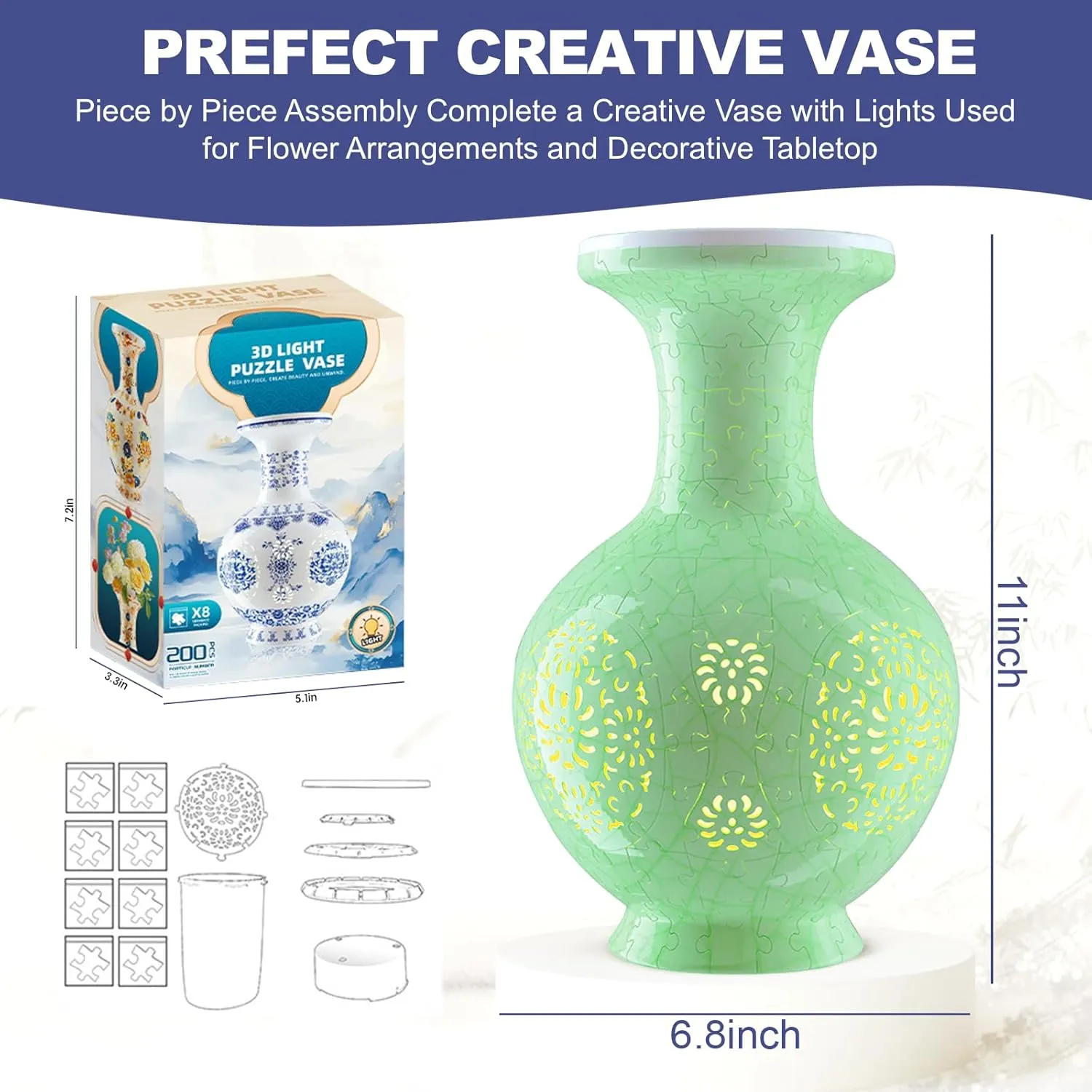 Vase - 3D preen tenth slapstick worthiness informative Puzzle Vase for Adults to Flower Arrangement and Home Decoration Made by 200 Curved Plastic Puzzle Pieces (ice Green) 2025 New LED Flower Puzzle 