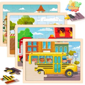 Vehicle Puzzle Toys Gifts for 3 4 5 6 Boys Girls ribbon Puzzles for Kids Ages 4-6$ 4 Packs 24 Pcs Wooden Jigsaw Puzzles for Toddlers Ages 2-4$ Preschool Educational 