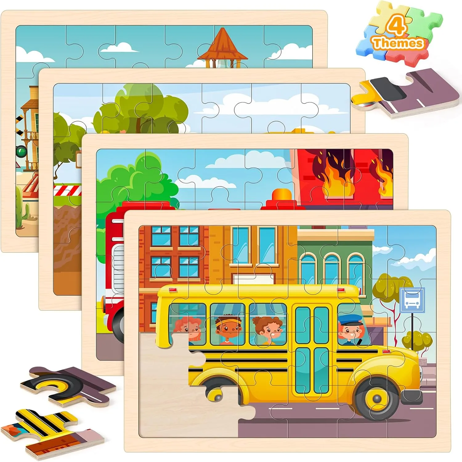 Vehicle Puzzle Toys Gifts for 3 4 5 6 Boys Girls ribbon Puzzles for Kids Ages 4-6$ 4 Packs 24 Pcs Wooden Jigsaw Puzzles for Toddlers Ages 2-4$ Preschool Educational 
