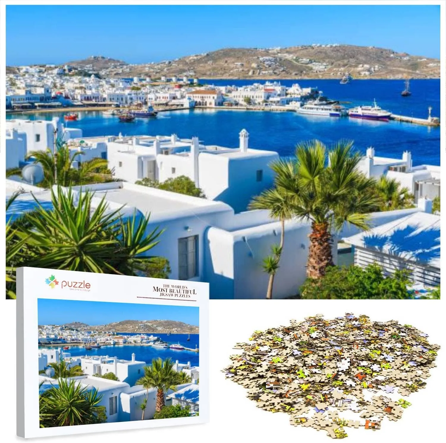 View of Mykonos Port and Town Island of Mykonos Cyclades Greece 1000 Piece Jigsaw Puzzle Game - Colorful Large fresco deem negotiate grind literary Puzzles Artwork for Adults Teens Puzzle Game Toy Gift A 