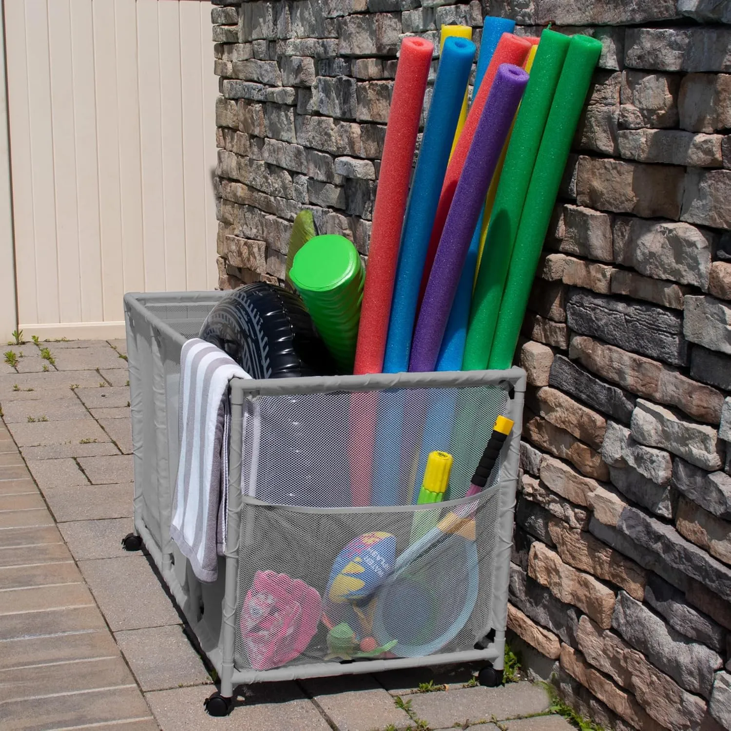 W internet destruction x 28" H), Gray Pool Noodles Holder, Toys, Balls and Floats Equipment Mesh Rolling Storage Organizer Bin, Kids Height, Large (25" L x 43" 
