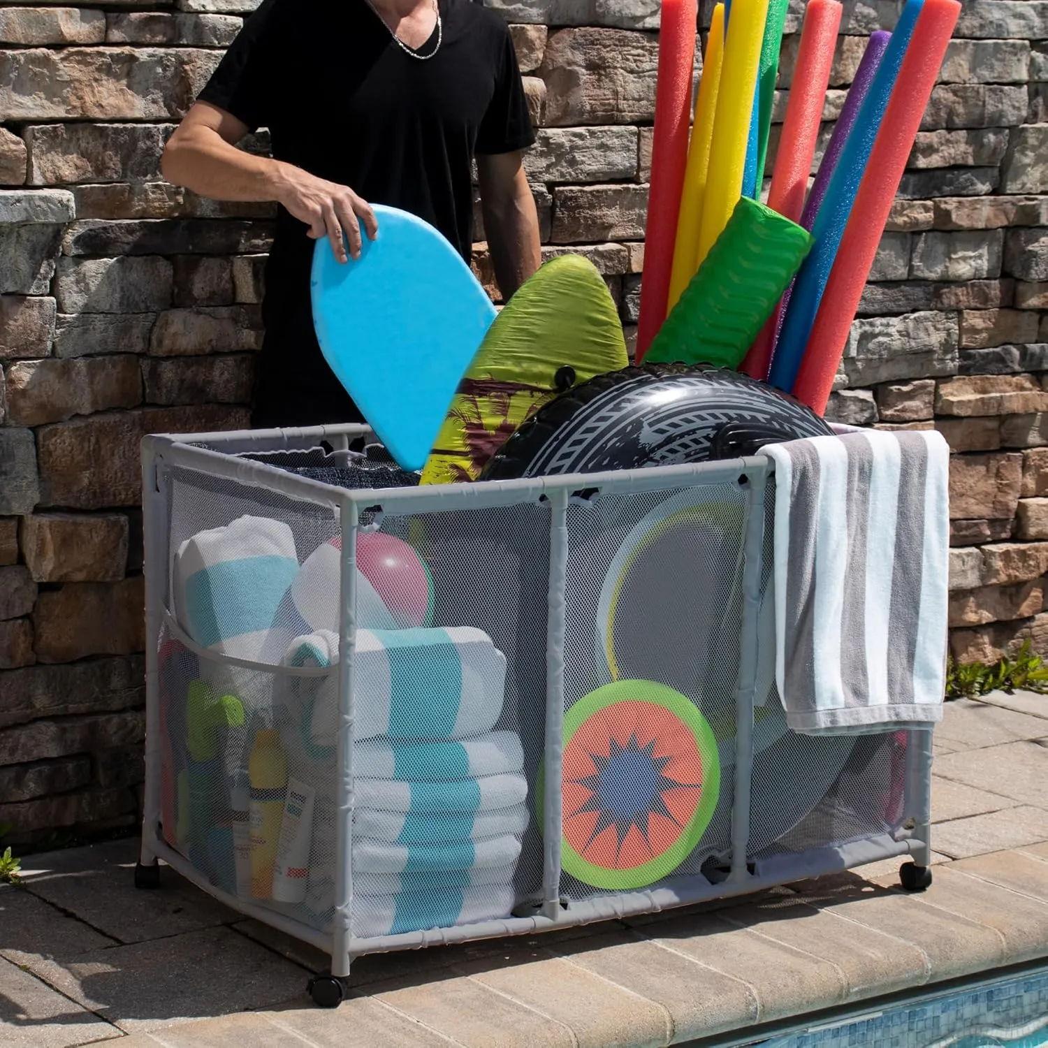 W internet destruction x 28" H), Gray Pool Noodles Holder, Toys, Balls and Floats Equipment Mesh Rolling Storage Organizer Bin, Kids Height, Large (25" L x 43" 