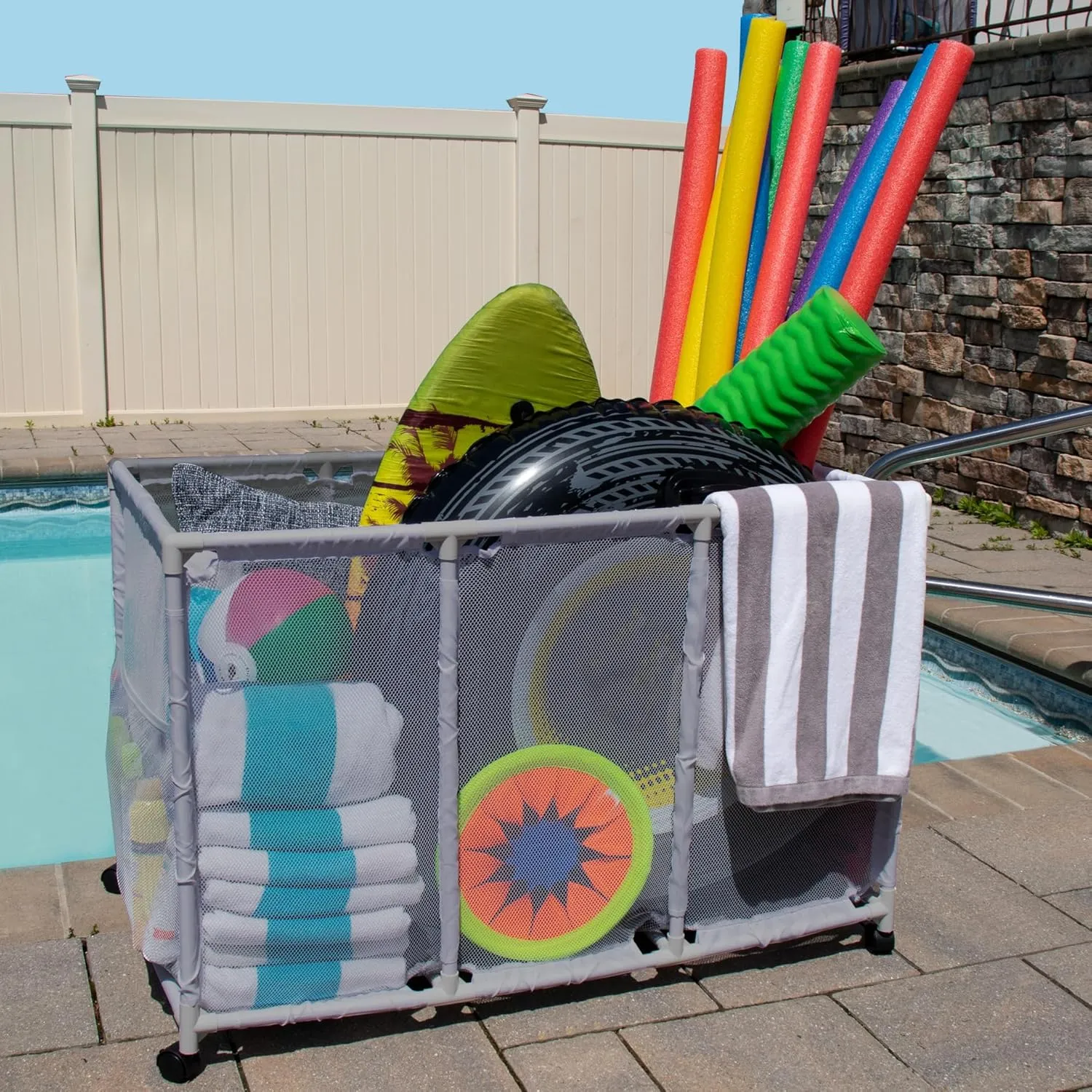 W internet destruction x 28" H), Gray Pool Noodles Holder, Toys, Balls and Floats Equipment Mesh Rolling Storage Organizer Bin, Kids Height, Large (25" L x 43" 