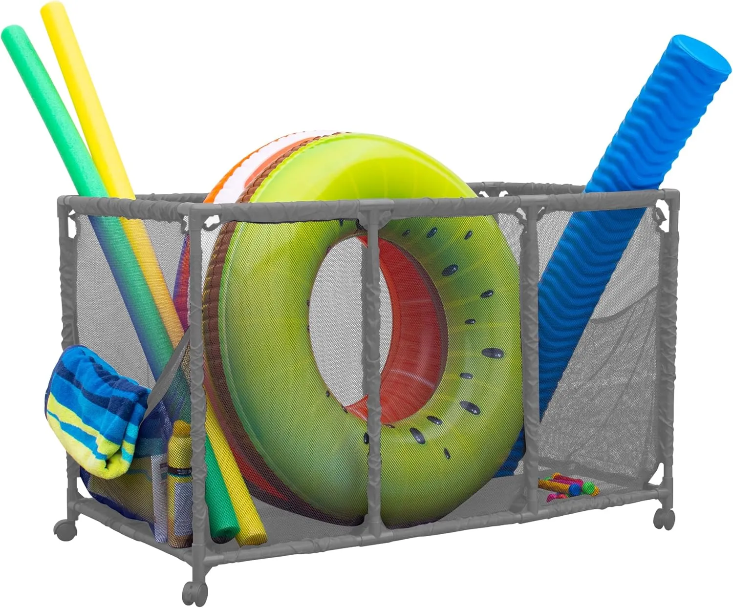 W internet destruction x 28" H), Gray Pool Noodles Holder, Toys, Balls and Floats Equipment Mesh Rolling Storage Organizer Bin, Kids Height, Large (25" L x 43" 